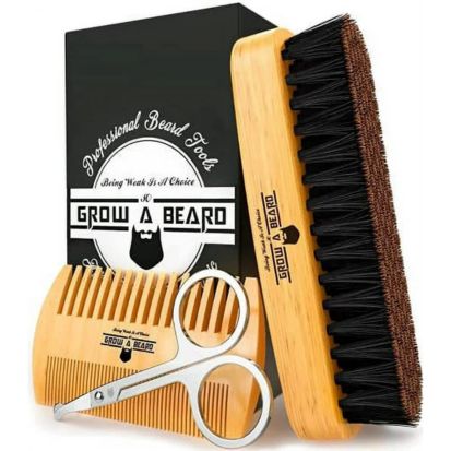 Beard Brush For Men & Beard Comb Set wMustache Scissors Grooming Kit, Natural Boar Bristle Brush, Dual Action Wood Comb, And Travel Bag Great For Christmas Gift