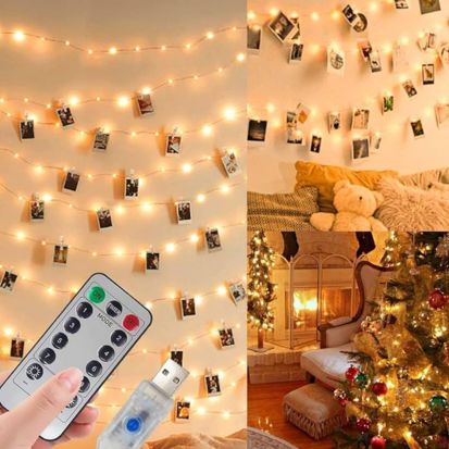 Photo Clip String Lights with Remote, 8 Modes 20 LED Battery Operated Fairy String Lights for Hanging Photos Pictures Cards, Ideal Gift for Bedroom Party Christmas Decoration Warm White