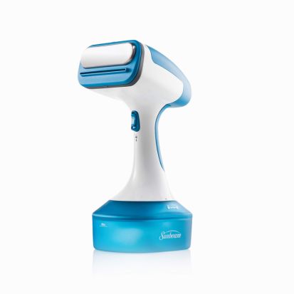 Sunbeam 1200W Steam Burst Handheld Steamer for Clothes, Dual Steam Settings, 30-Second Fast Head-Up, Bristle Brush Attachment, White and Blue Finish