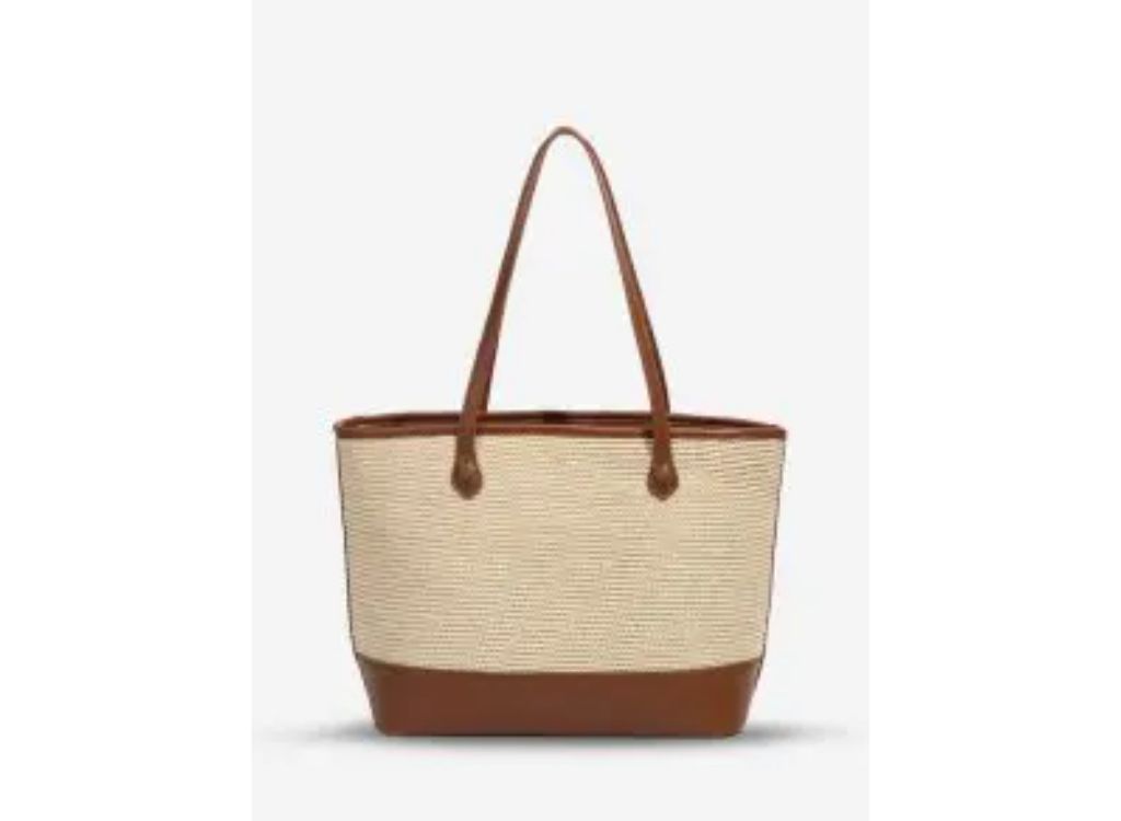 Two Tone Straw Tote Shoulder Bag - Light Coffee L